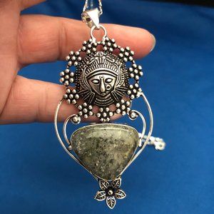 Really Unique Goddess Face Lodolite Quartz Real Gemstone 925 Stamped Necklace.